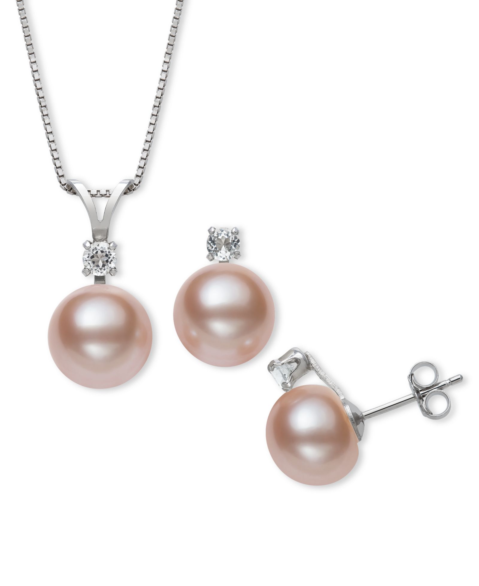 Belle de Mer 2-Pc. Set Cultured Freshwater Pearl (9-10mm) & Lab-Created White Sapphire (1/3 ct. t.w.) Pendant Necklace & Earrings in Sterling Silver
