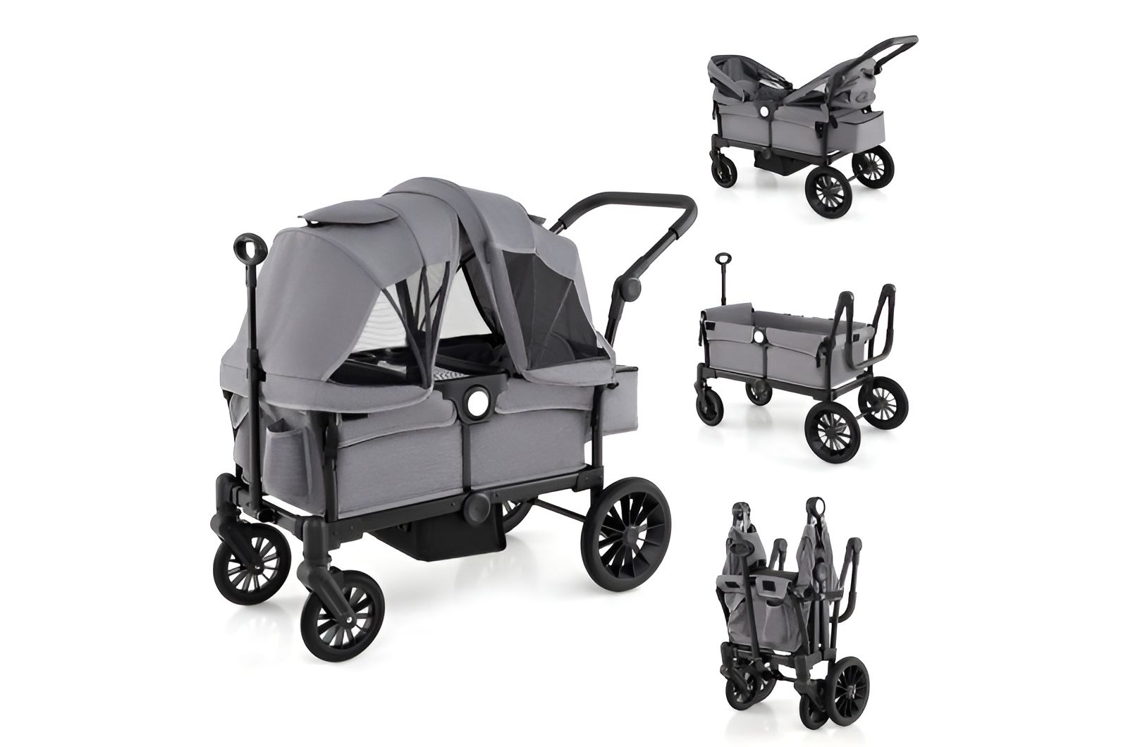 Slickblue 2-Seater Collapsible Kids Wagon Stroller with Push Pull Handle and Adjustable Bar