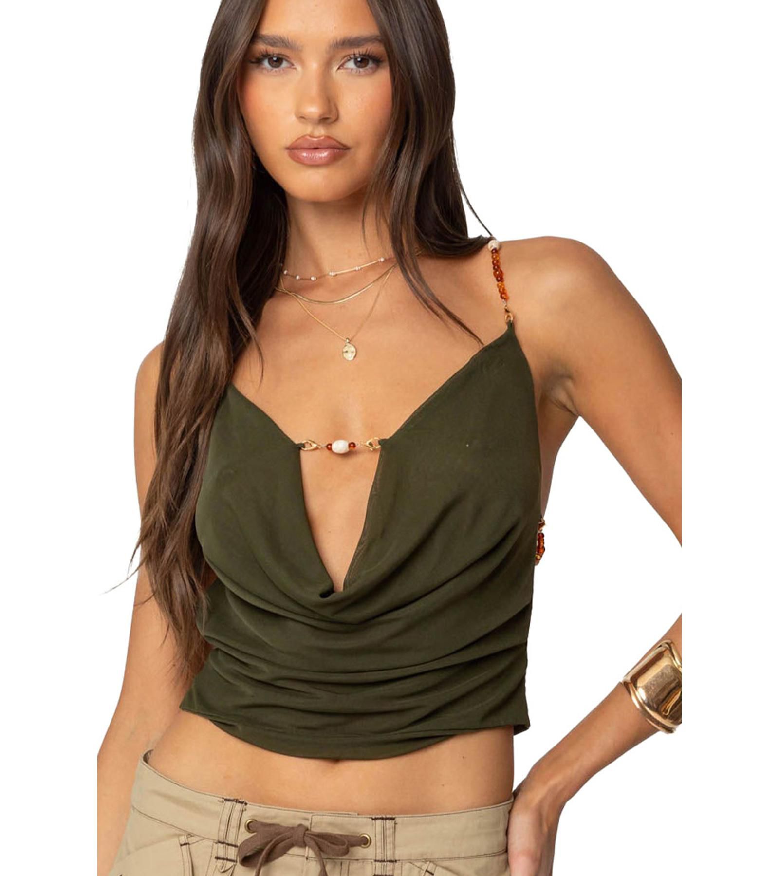 Edikted Women's Beaded Deep Cowl Neck Backless Top