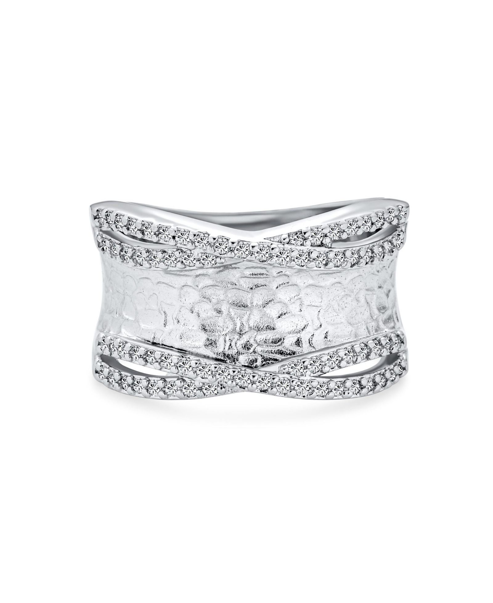 Bling Jewelry Modern Criss Cross CZ Accent Cocktail Statement Ring Brushed Matte Silver Tone Band