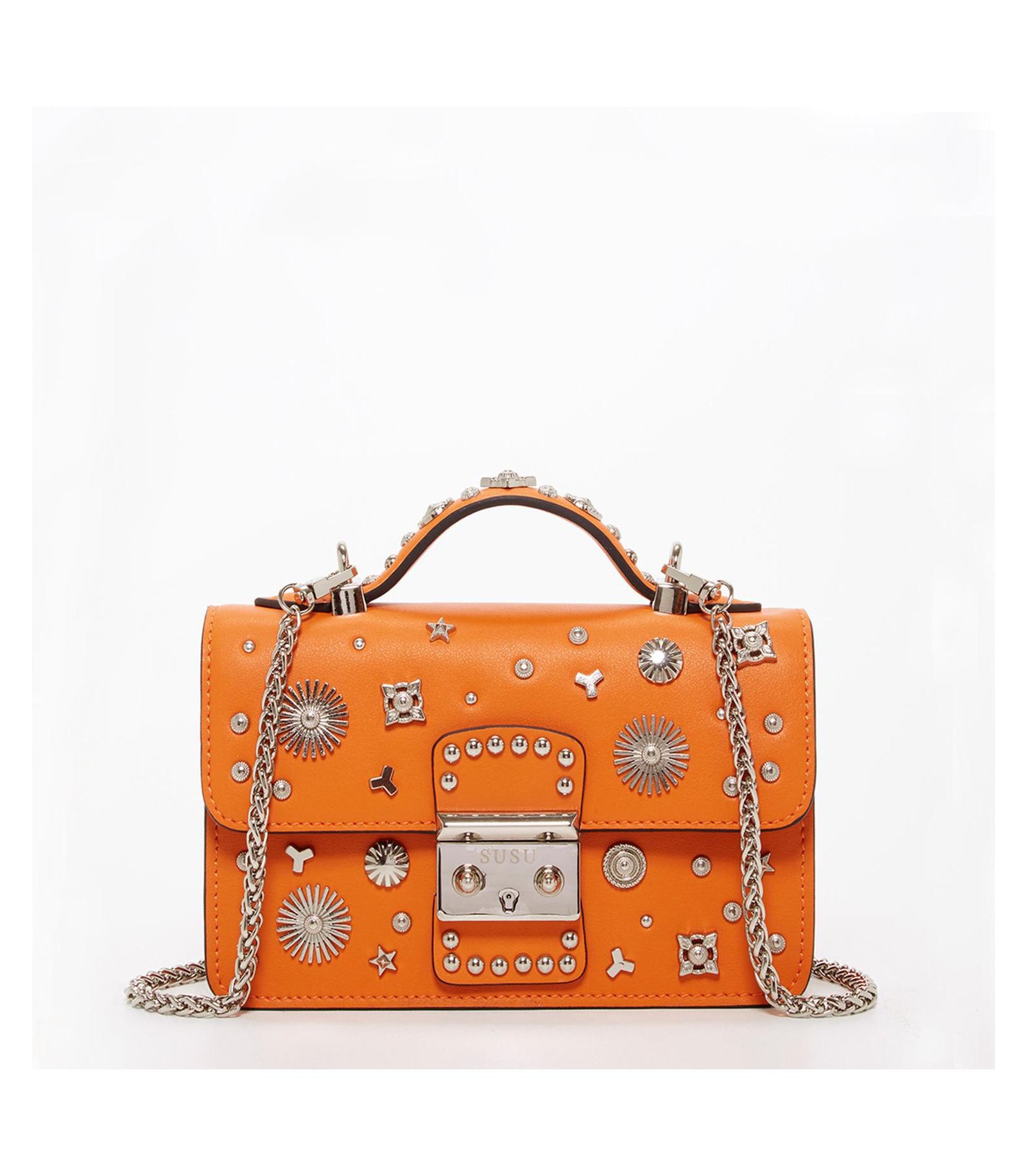 Hollywood Womens Leather Small Top Handle Purse Studded Mini Crossbody Bag Structured with Buckle Closure