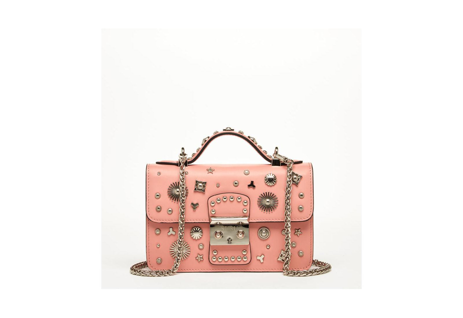 SUSU Women s Pink Leather Crossbody Bag Studded Shoulder Purse with Top Handle Embellished Handbag for Evening & Casual Outfits