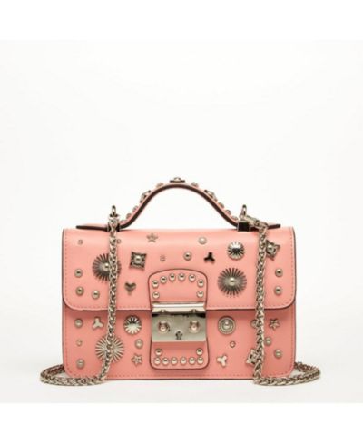 SUSU Women s Pink Leather Crossbody Bag Studded Shoulder Purse with Top Handle Embellished Handbag for Evening & Casual Outfits