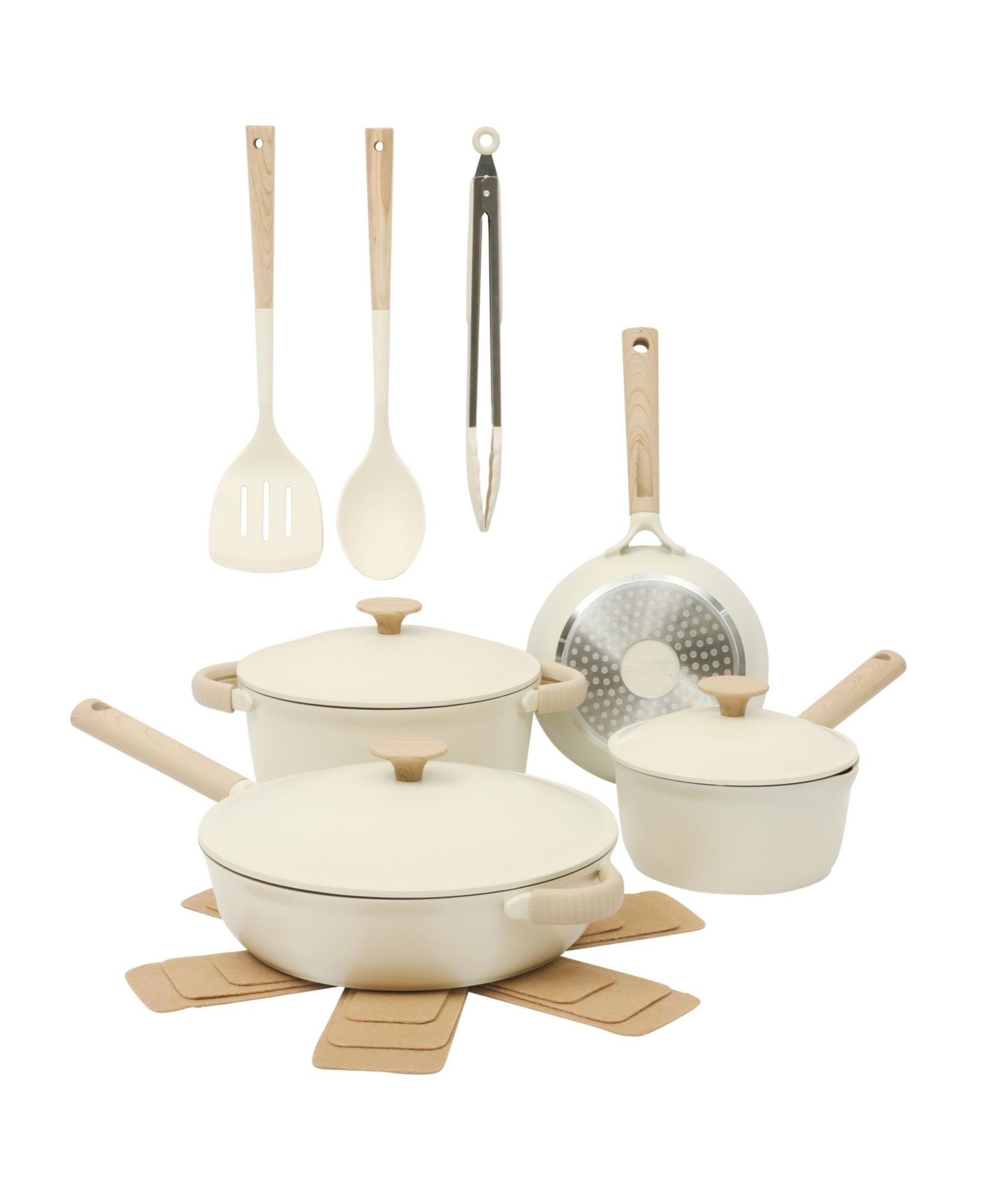 Gibson Elite Cast Aluminum 13-Piece Cookware Set – Ceramic Nonstick, Linen White with Wood Handle