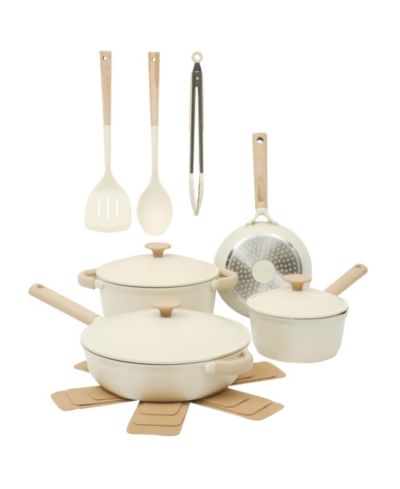 Gibson Elite Cast Aluminum 13-Piece Cookware Set – Ceramic Nonstick, Linen White with Wood Handle