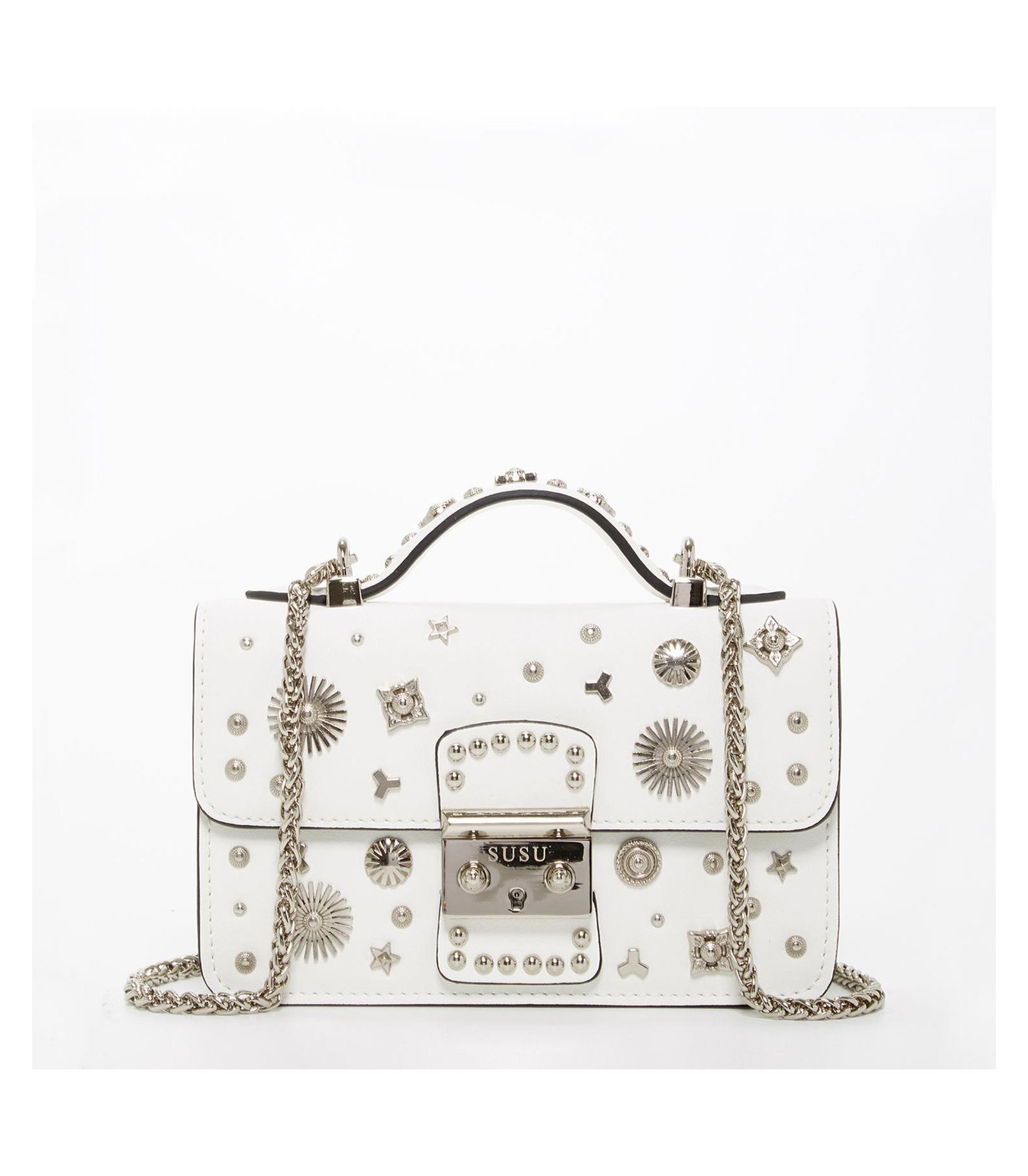 SUSU White Leather Crossbody Bag Small Structured Women s Handbag with Top Handle and Embelishments