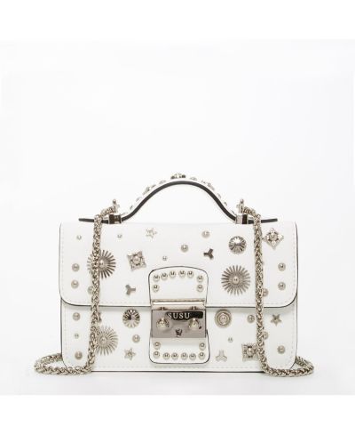 SUSU White Leather Crossbody Bag Small Structured Women s Handbag with Top Handle and Embelishments
