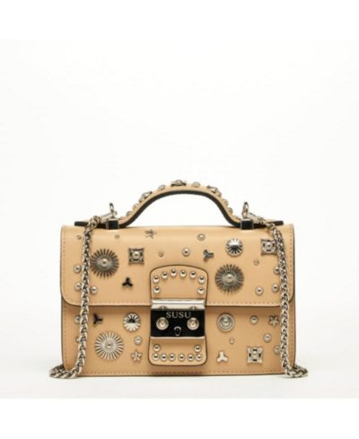 SUSU Women s Beige Studded Crossbody Bag Designer Leather Shoulder Purse with Top Handle, Structured Handbag with Silver Embellishments