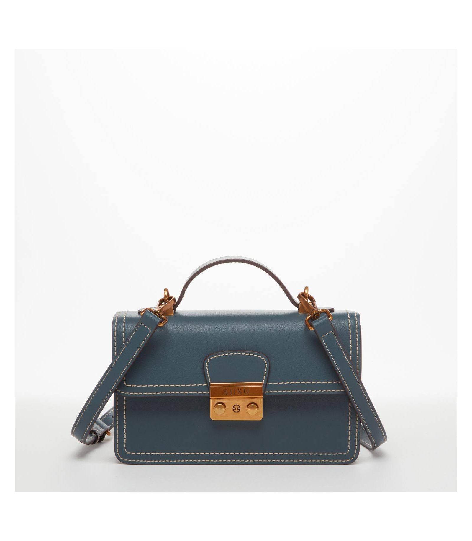 Blue Leather Crossbody Bag Small Cute Purse for Women with Top Handle and Adjustable Strap