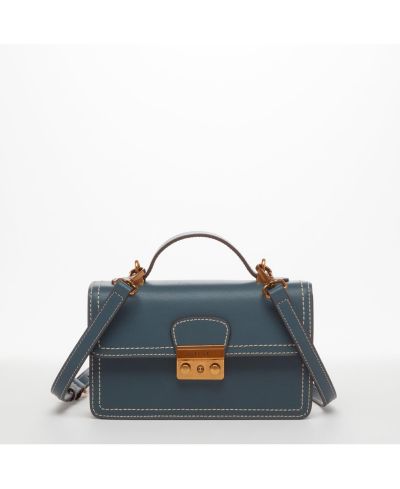Blue Leather Crossbody Bag Small Cute Purse for Women with Top Handle and Adjustable Strap