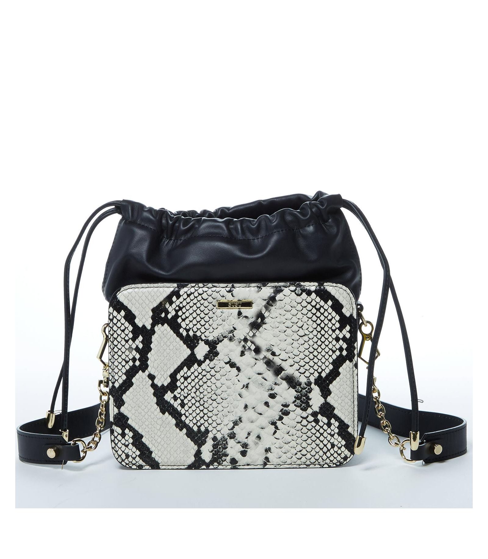 SUSU Black Leather Bucket Bag Medium Size Purse with Snakeskin Print and Drawstring Design for Women