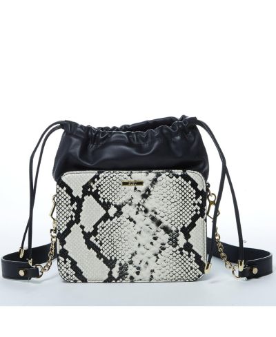 SUSU Black Leather Bucket Bag Medium Size Purse with Snakeskin Print and Drawstring Design for Women