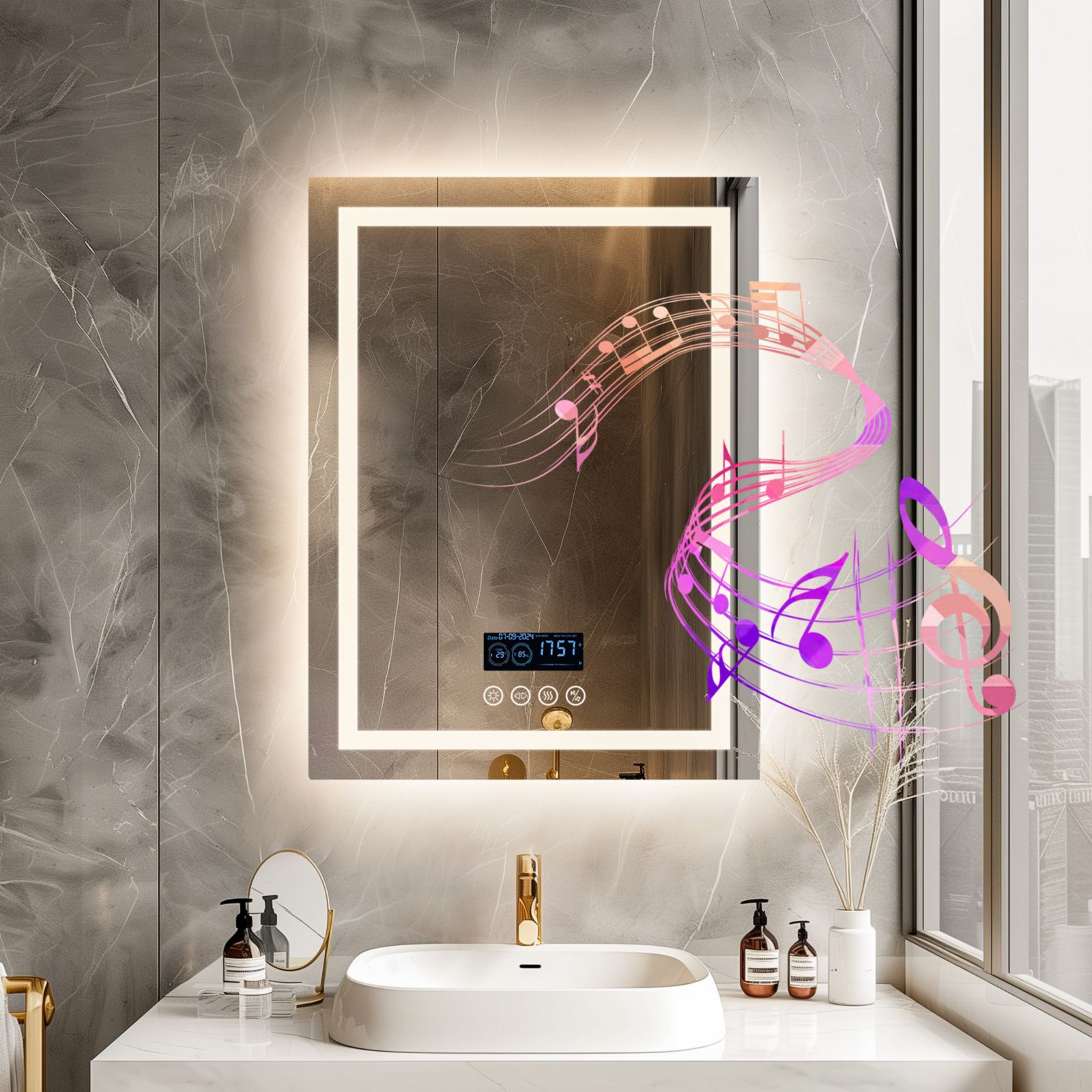 LUVODI 23.6 x 31.5 In Smart LED Lighted Bathroom Mirror with Bluetooth Speaker, Front-lit, Backlight