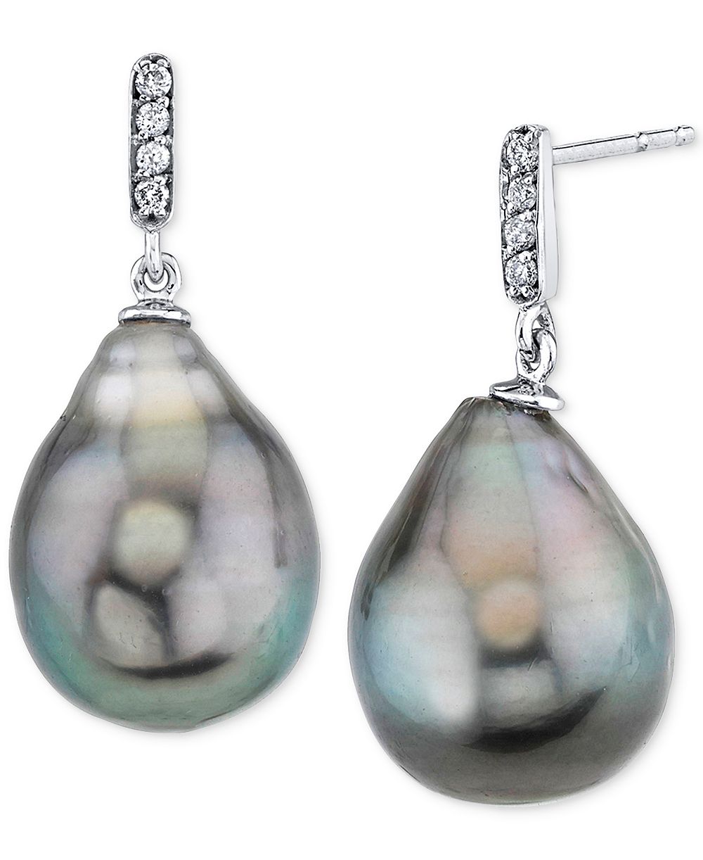 Cultured Tahitian Baroque Pearl (11mm) & Diamond Accent Drop Earrings in White Gold