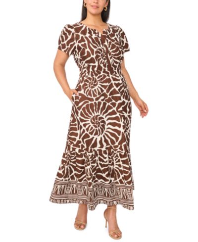 MSK Plus Size Printed Split-Neck Tiered Cotton Maxi Dress