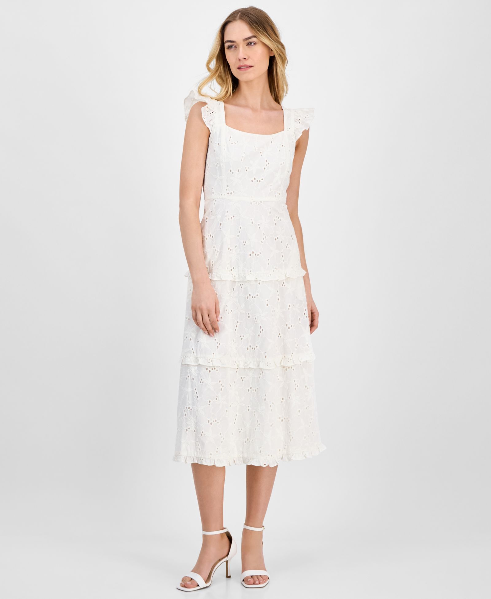 Женское миди-платье Anne Klein Eyelet Square-Neck Tiered