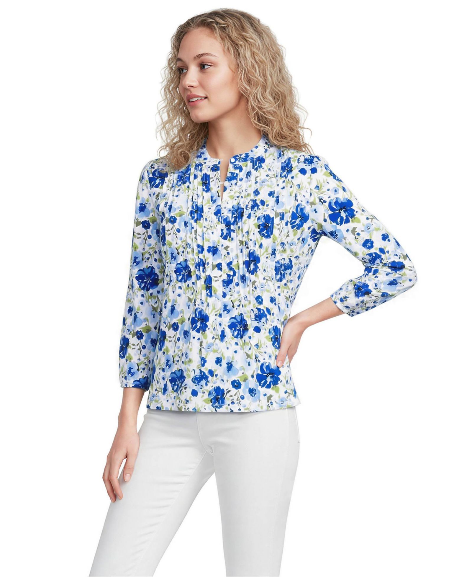 Lands' End Women's Lightweight Jersey Button Pintuck Top