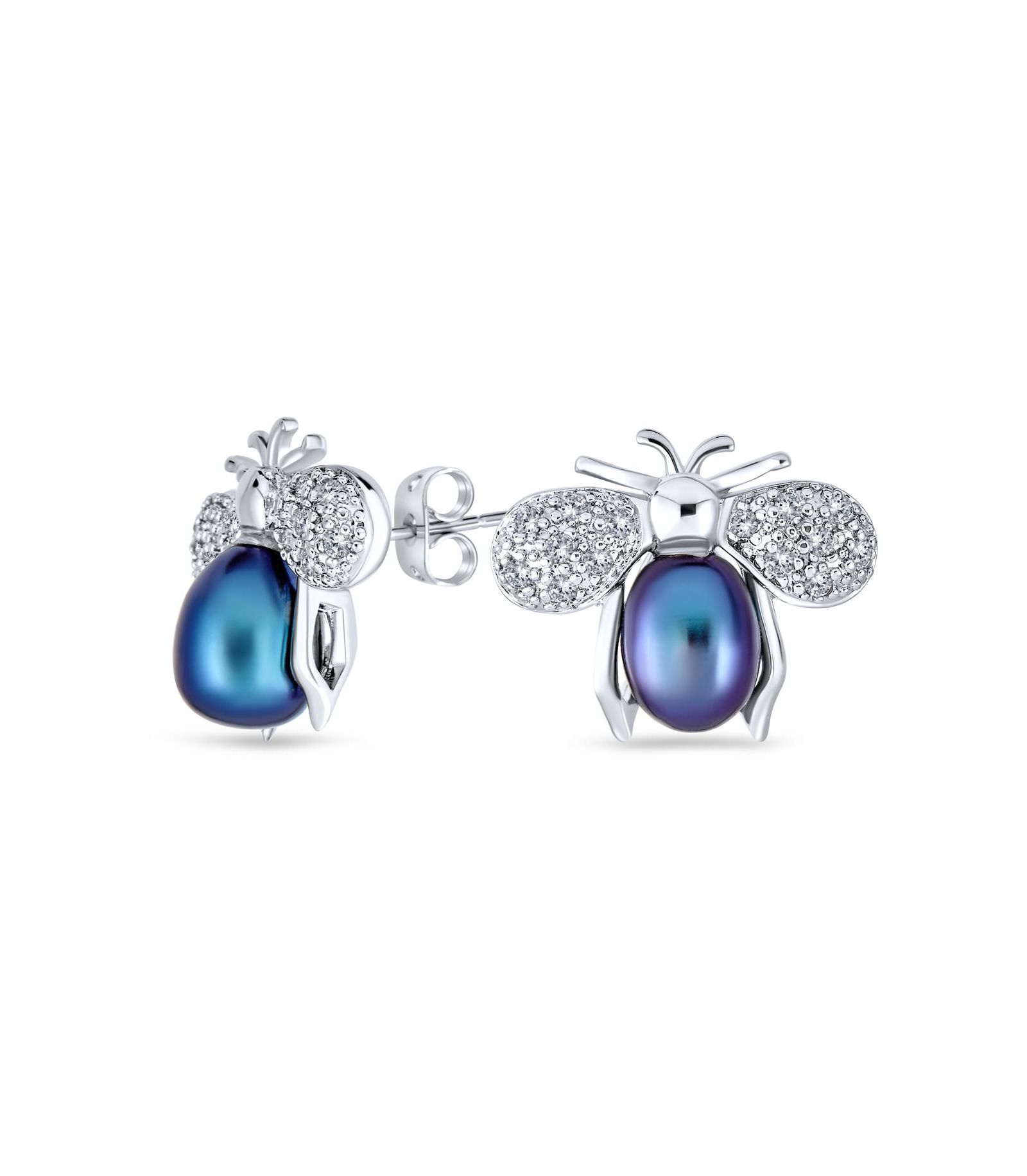 Bling Jewelry серьги-гвоздики Bumble Bee с жемчугом CZ Silver Plated