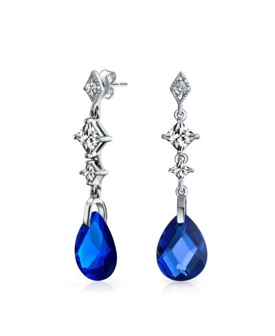 Bling Jewelry Briolette Faceted Blue CZ Teardrop Chandelier Earrings .925 Sterling Silver