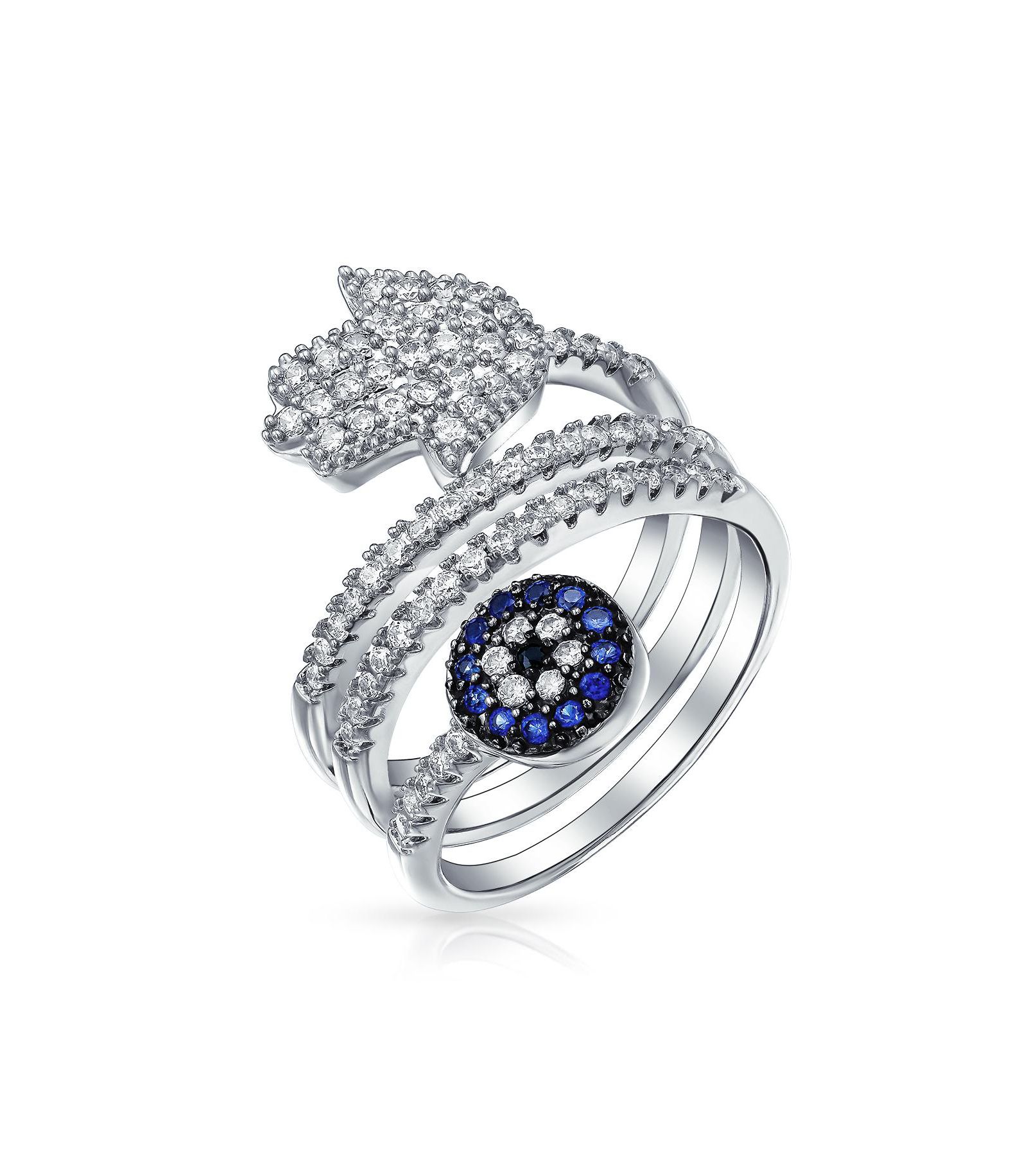 Bling Jewelry большое кольцо-лента с синим фианитом и символом «дурной глаз» в духовном стиле, серебристое покрытие