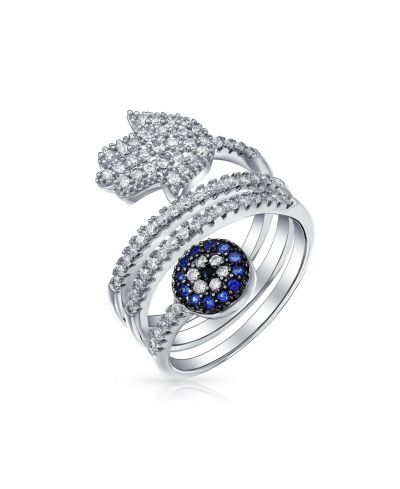 Bling Jewelry большое кольцо-лента с синим фианитом и символом «дурной глаз» в духовном стиле, серебристое покрытие