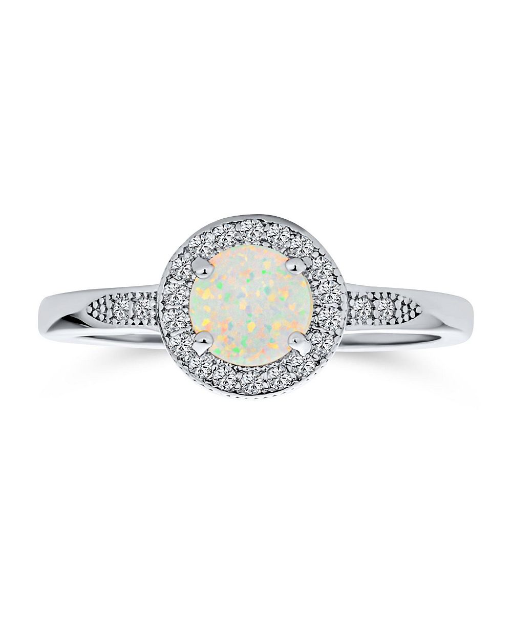 Bling Jewelry Dainty CZ Halo Circle 1CT Round Solitaire Created White Opal Promise Ring With Side Stone Accent Ring .925 Sterling Silver