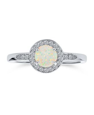 Bling Jewelry Dainty CZ Halo Circle 1CT Round Solitaire Created White Opal Promise Ring With Side Stone Accent Ring .925 Sterling Silver