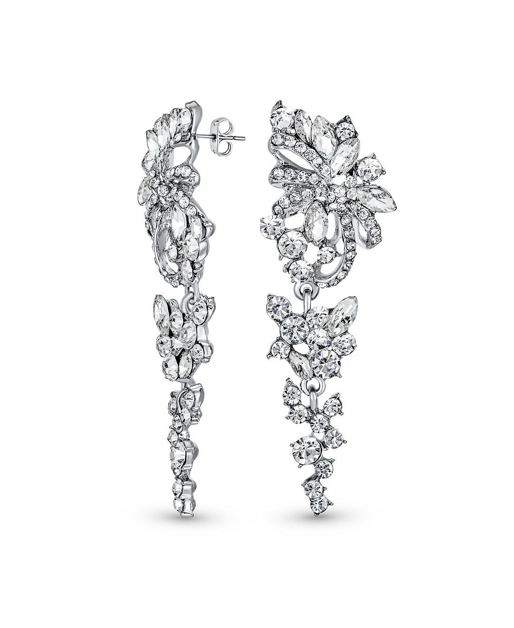 Bling Jewelry Waterfall Long Bow and Flower Crystal Dangling Statement Chandelier Earrings Rose Gold Plated