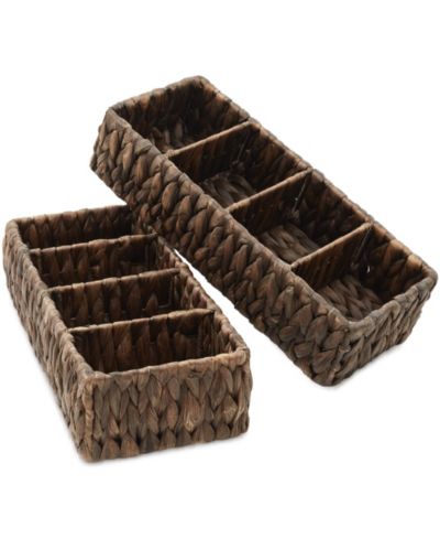 Casafield Set of 2 Water Hyacinth Storage Baskets with 4 Sections, Natural - Woven Organizer Bins for Bathroom, Laundry, Pantry, Office, Shelves
