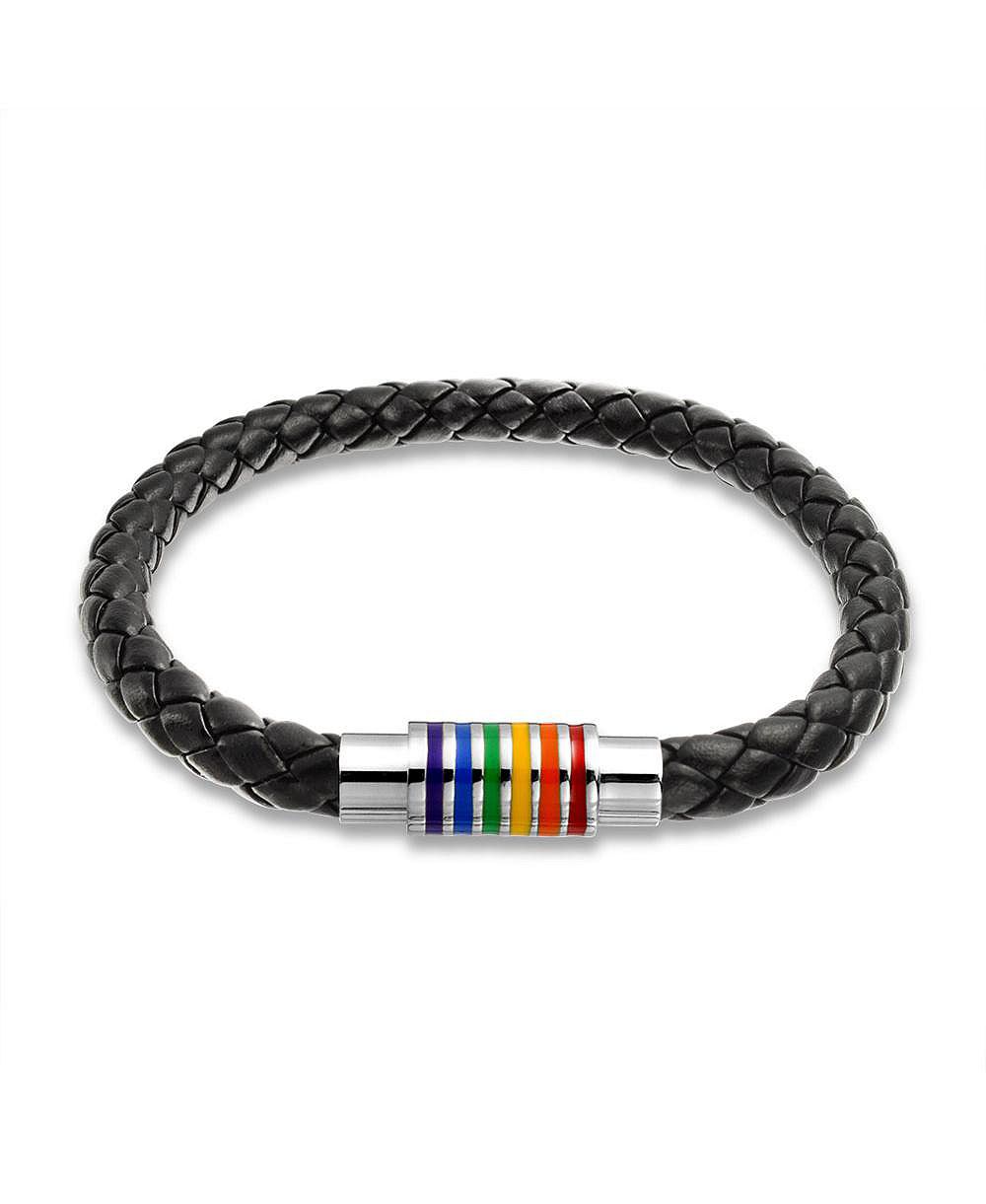 Bling Jewelry Rainbow Pride Black Braid PU Leather Bangle Bracelet Stainless Steel 7"