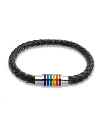 Bling Jewelry Rainbow Pride Black Braid PU Leather Bangle Bracelet Stainless Steel 7"