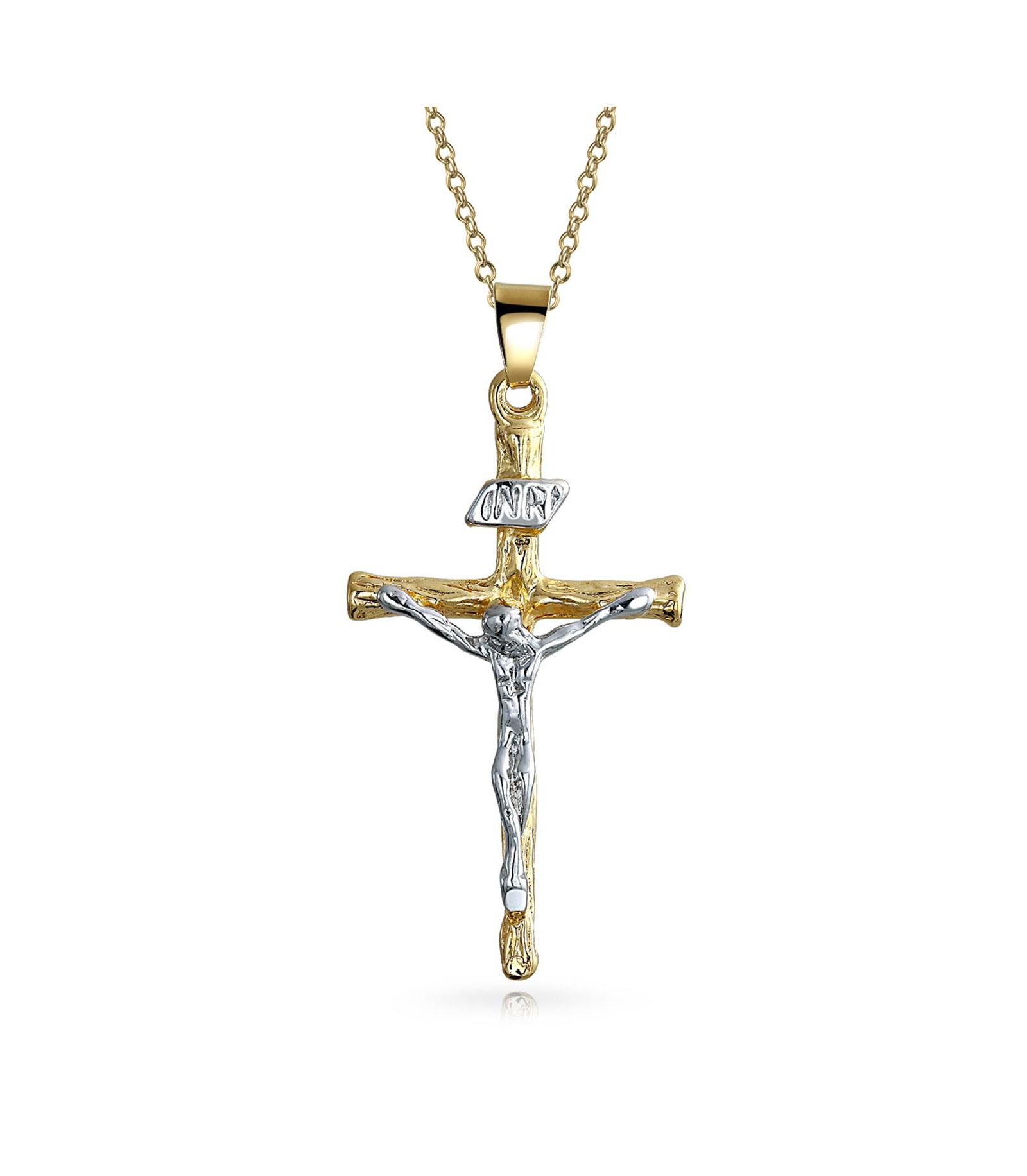 Bling Jewelry Traditional Jesus Inri Crucifix Cross Pendant Necklace Two Tone Gold Plated