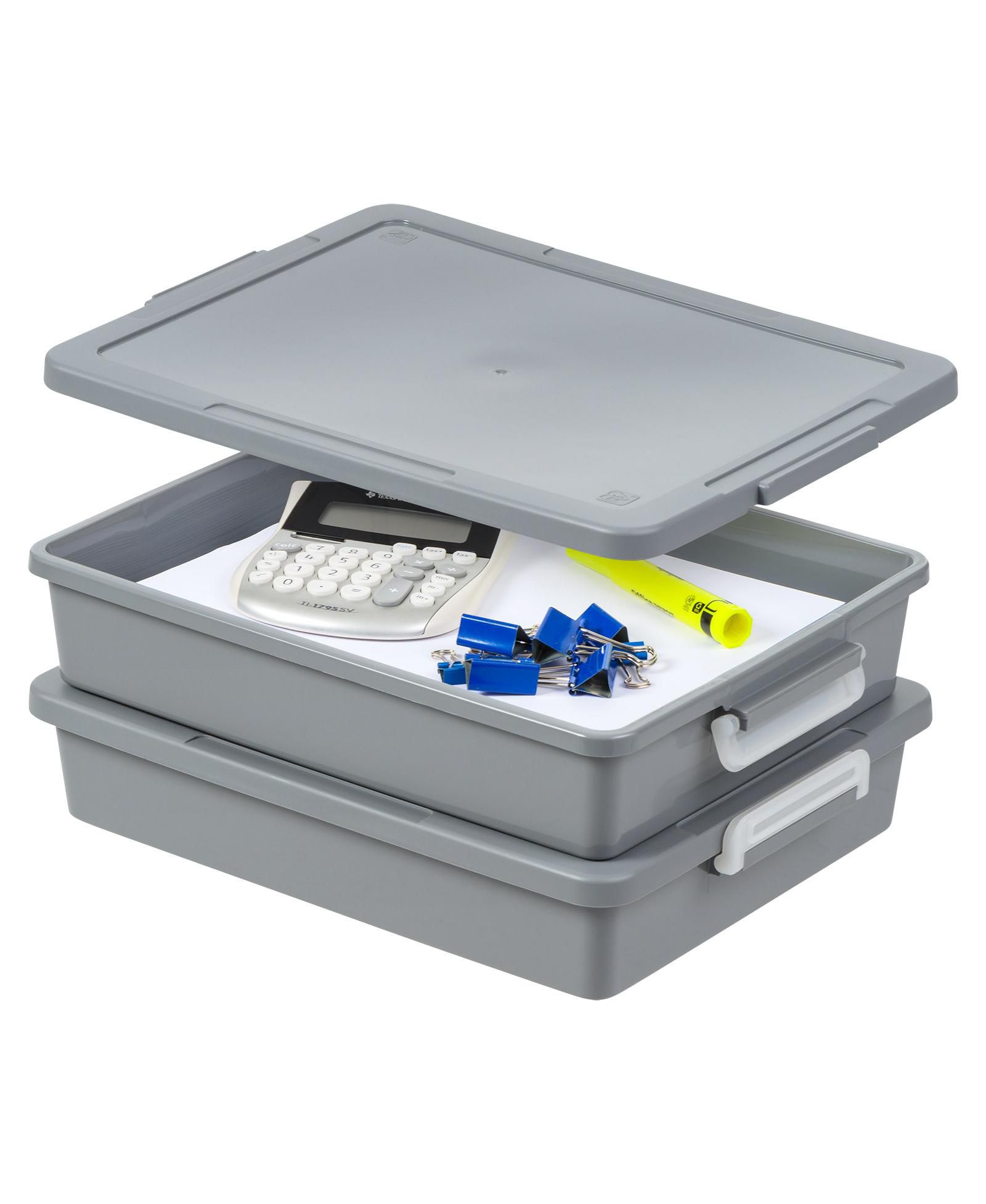 IRIS USA 6 Qt. Plastic Storage Bins with Lids, 2 Pack, Flat Storage Container, Secure Latches, Stackable, Gray