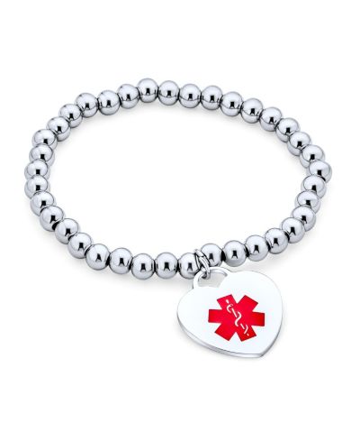 Bling Jewelry Heart Charm Tag Medical Alert ID Stretch Bead Bracelet Stainless Steel