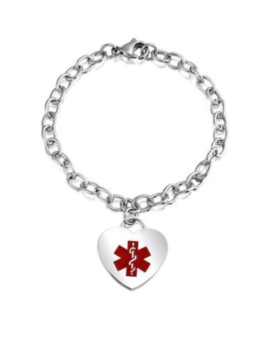Bling Jewelry Heart Charm Tag Medical ID Link Chain Bracelet Silver Tone Stainless Steel