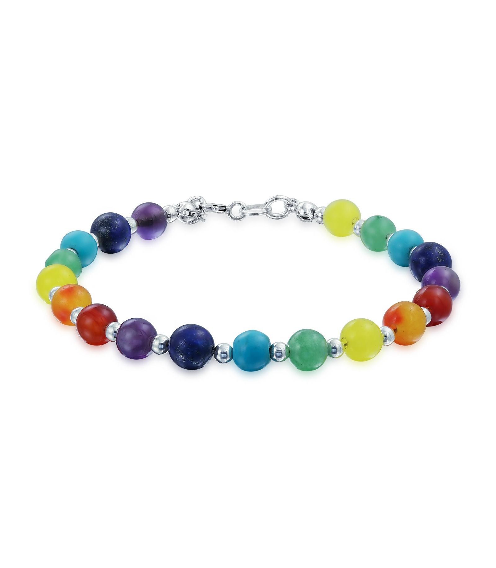 Bling Jewelry Chakra Healing Multicolor Gemstone Yoga Bead Bracelet Sterling Silver 7"