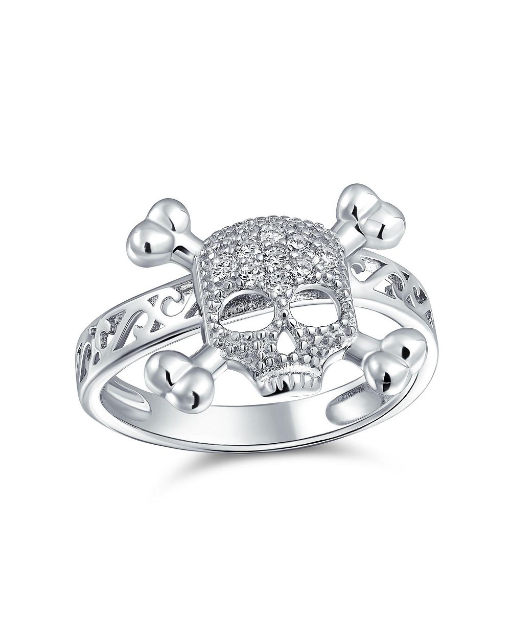 Bling Jewelry Caribbean Pirate Goth Biker Crossbones Skull Ring Pave .925 Sterling Silver
