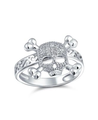 Bling Jewelry Caribbean Pirate Goth Biker Crossbones Skull Ring Pave .925 Sterling Silver
