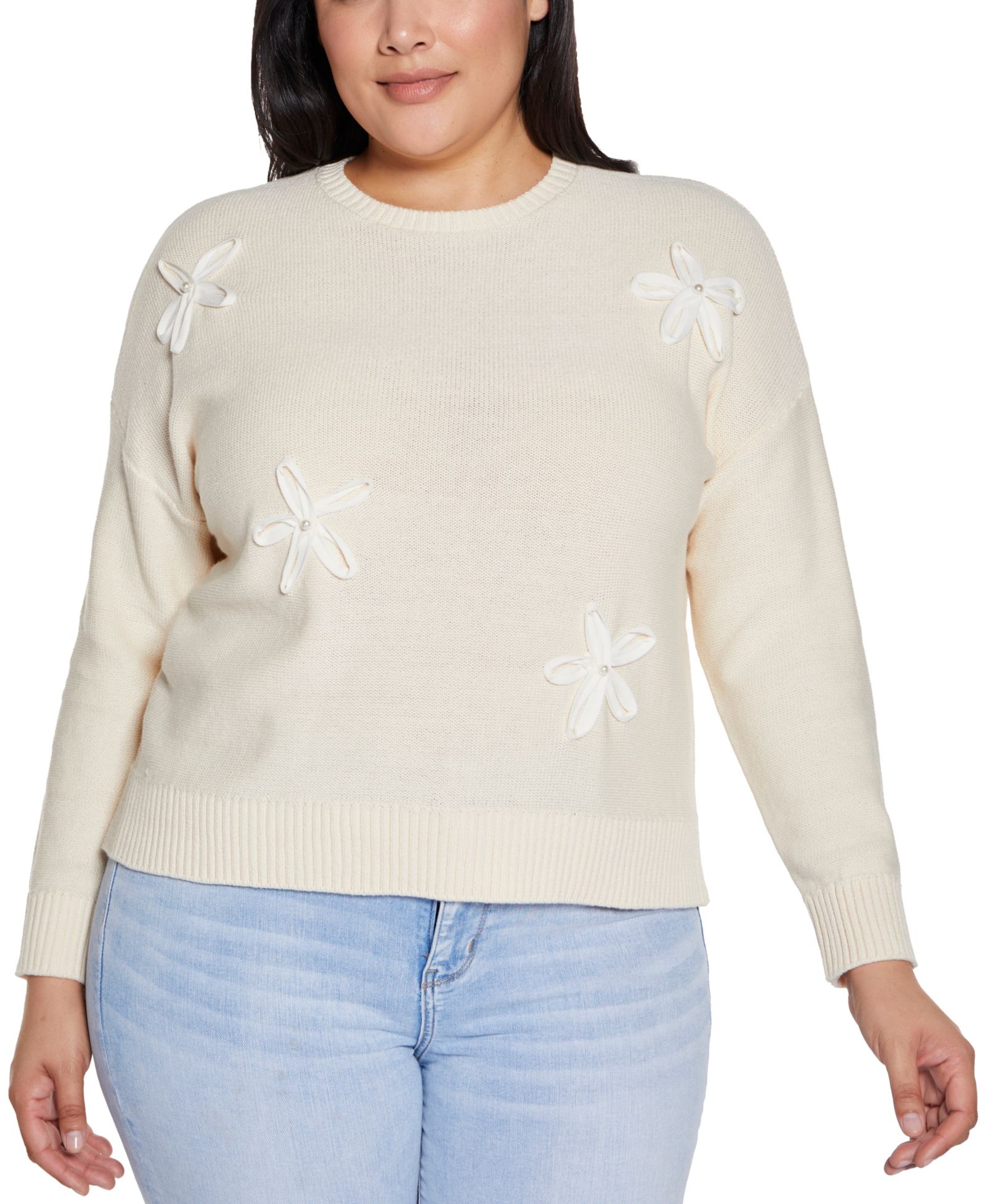 Belldini Plus Size 3D Floral Crewneck Trim Sweater