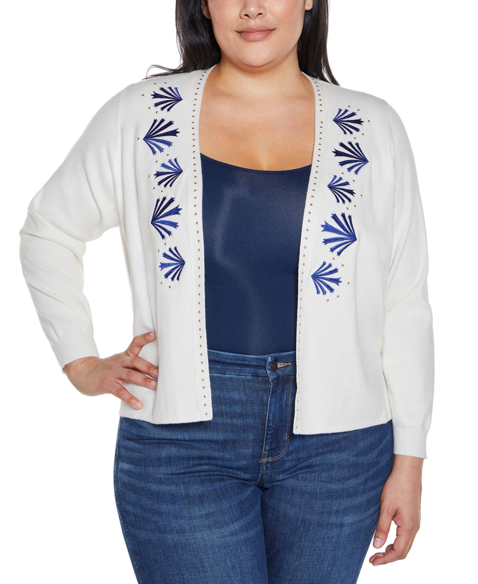 Belldini Plus Size Black Label Embroidered Drop-Shoulder Open-Front Cardigan Sweater