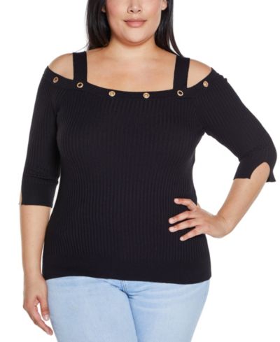 Belldini Plus Size Black Label  Rhinestone Grommet Cold-Shoulder Sweater