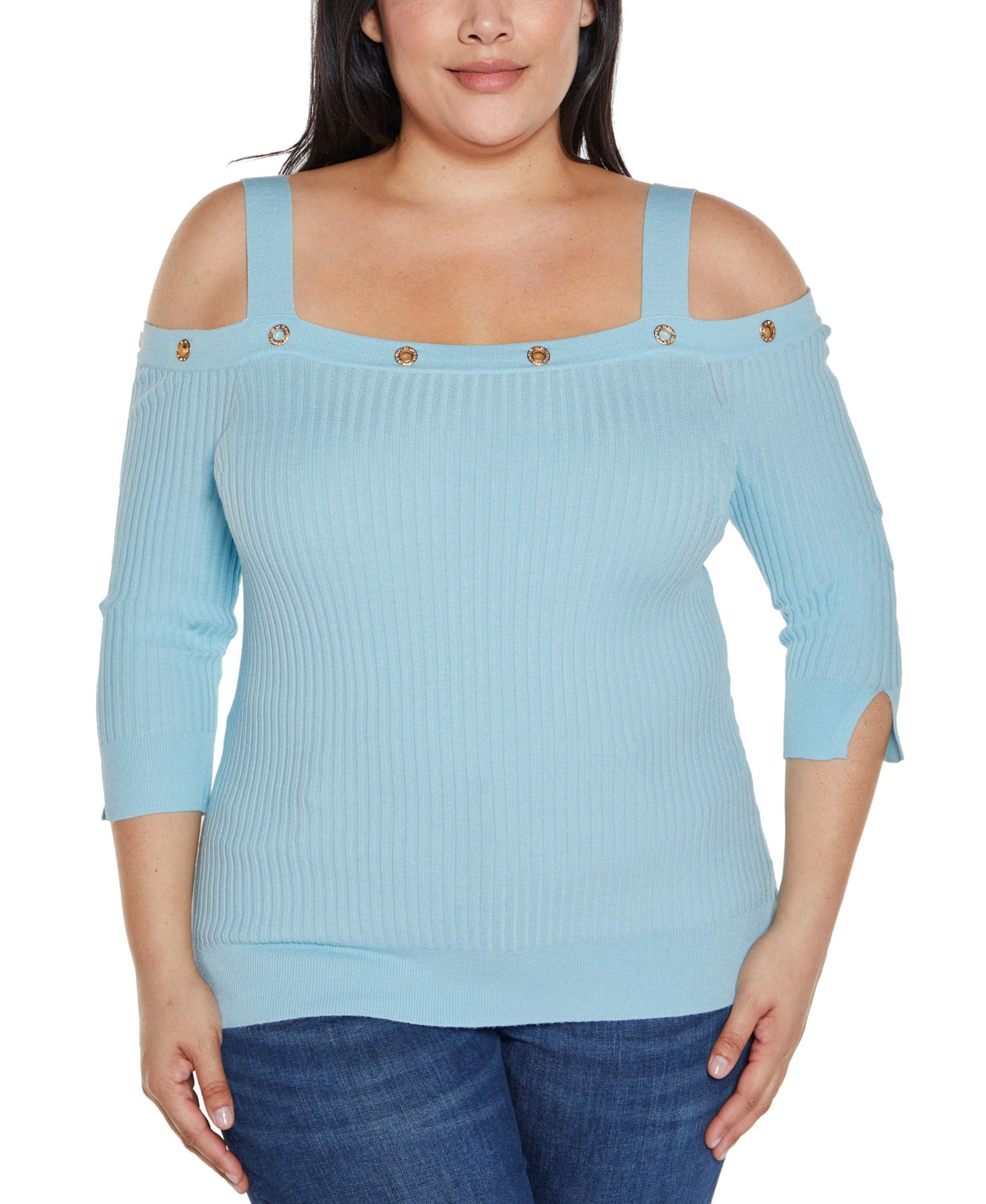 Belldini Plus Size Black Label  Rhinestone Grommet Cold-Shoulder Sweater