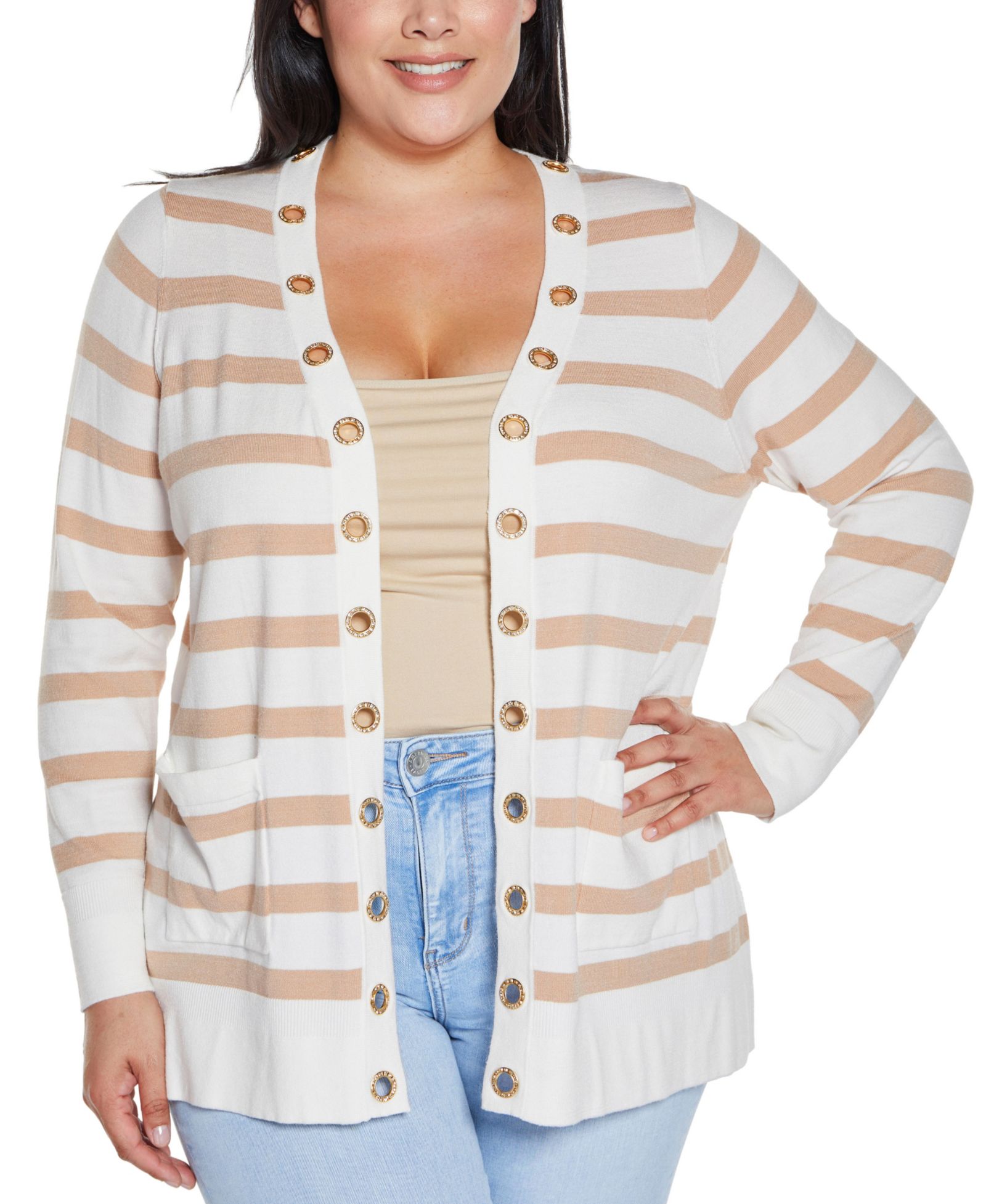 Кардиган Belldini Plus Size Black Label Rhinestone Grommet Striped Open-Front