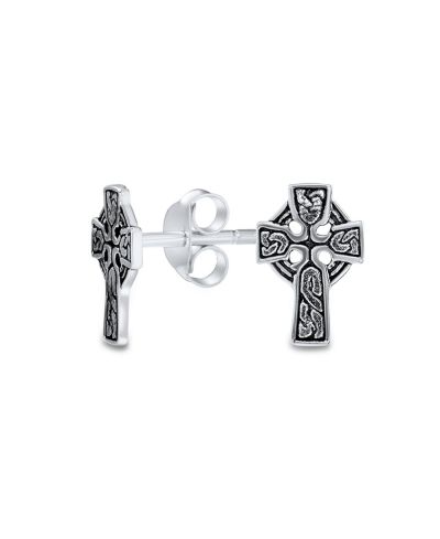 Bling Jewelry Серьги-гвоздики с кельтским узлом и крестом из окисленного стерлингового серебра