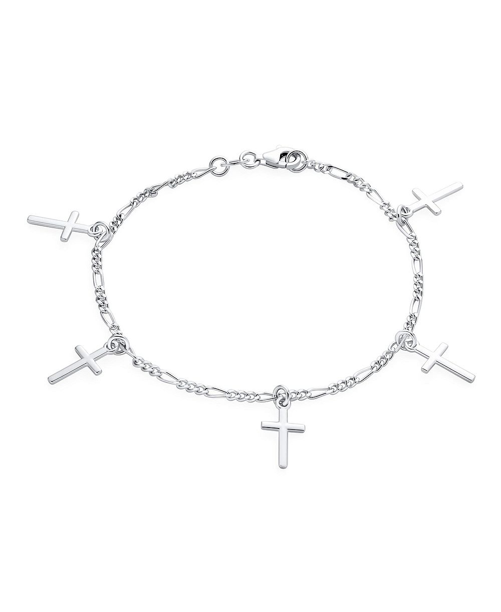 Bling Jewelry Multi Cross Dangling Charm Bracelet Figaro Chain .925 Sterling Silver 7"