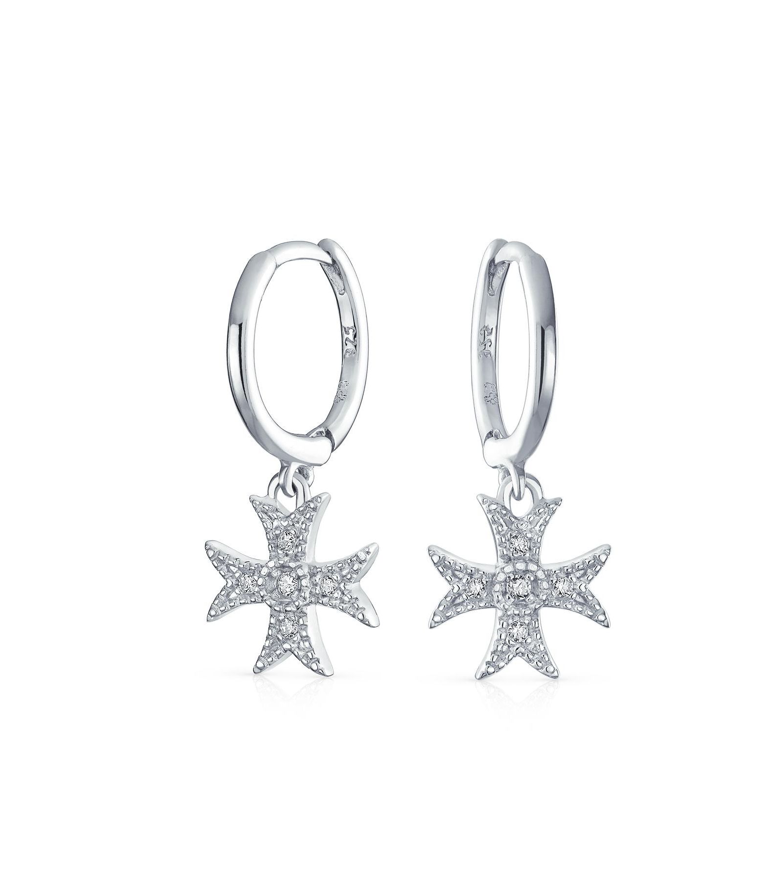 Bling Jewelry Religious Fleur De Lis Maltese Dangle Cross Huggie Earrings Sterling Silver