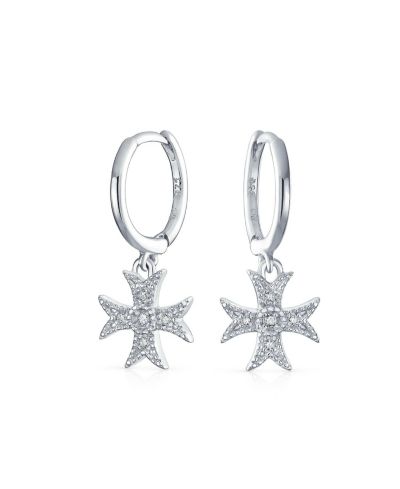 Bling Jewelry Religious Fleur De Lis Maltese Dangle Cross Huggie Earrings Sterling Silver