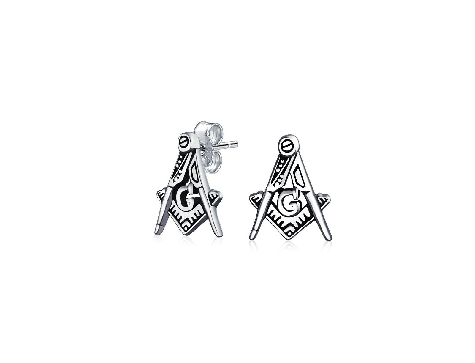 Серьги-гвоздики Bling Jewelry Tiny Square and Compass Masonic Freemason Stud in Oxidized Silver
