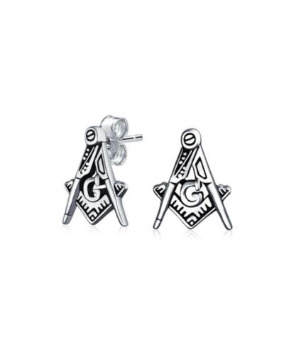 Серьги-гвоздики Bling Jewelry Tiny Square and Compass Masonic Freemason Stud in Oxidized Silver