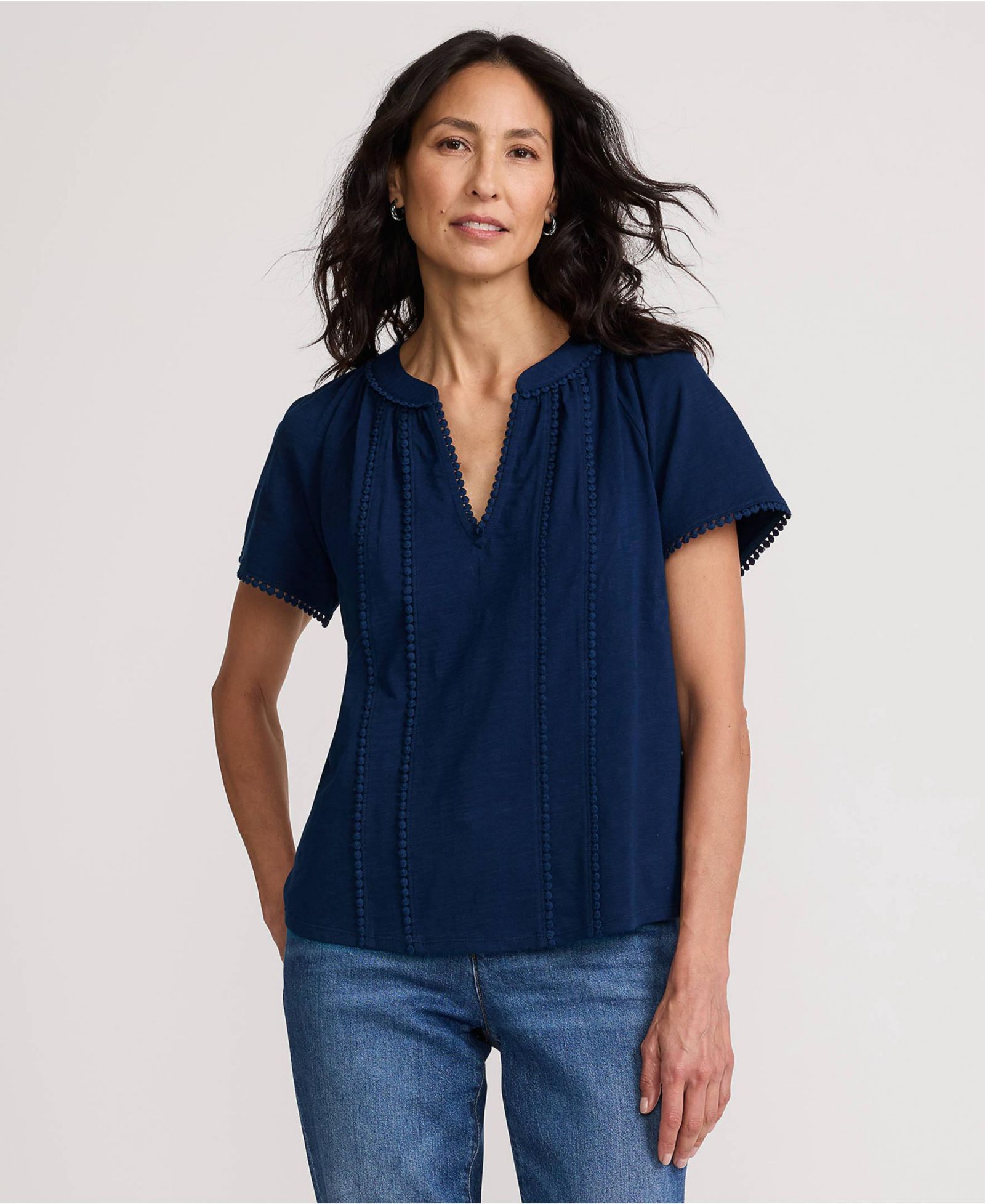 Lands' End Women's Slub Short Sleeve Notch Neck Top